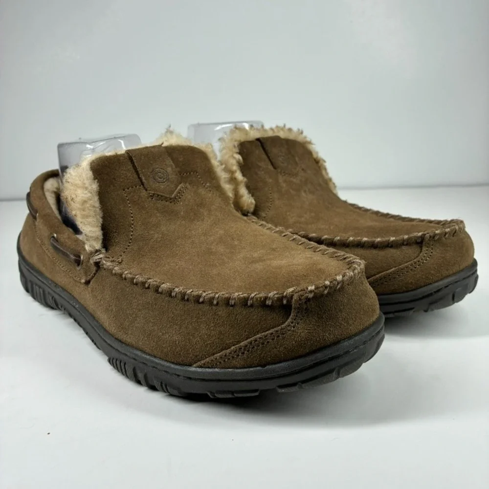 Clarks Men's US 12M Brown Suede Faux Fur Lined Venetian Moccasin House Slippers